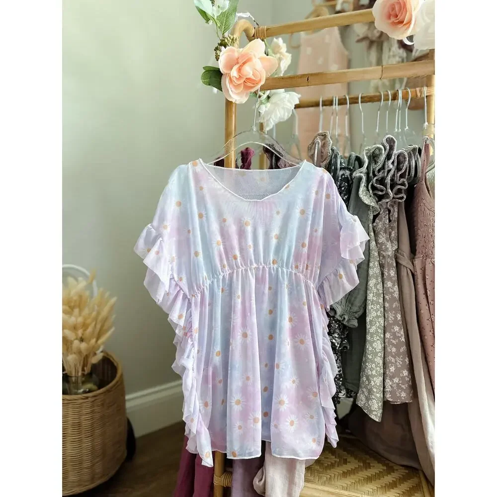 Flower Child Blooming Daisy Mesh Pastel Swim Coverup 3/4